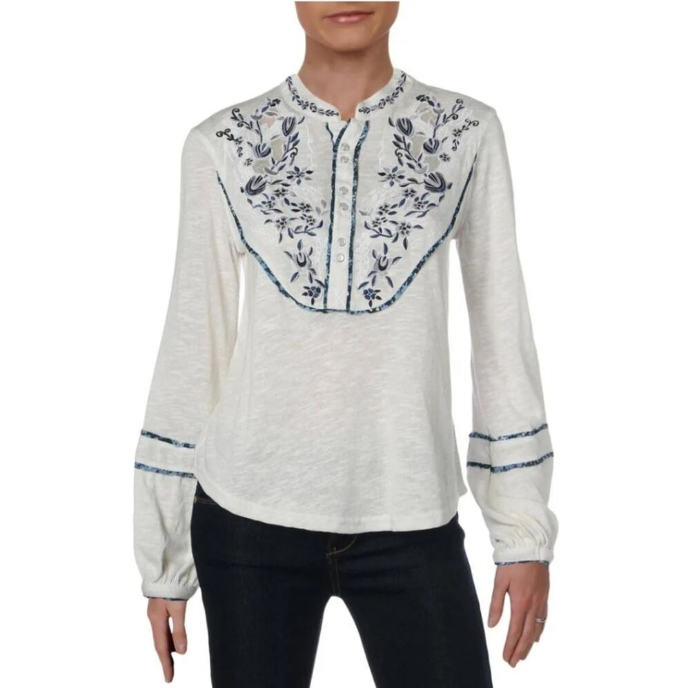 FREE PEOPLE | Western Peasant Blouse white Blue Embroidered Women’s Small
